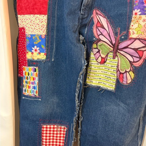 Upcycled  Denim Overalls with Colorful Patch Trim - Picture 3 of 16